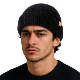 TOP-EX 100% Merino Wool Fisherman Beanie for Men Women | Black Short Beanie Wool Knit Hat | Mens Fisherman Beanies for Large Heads Winter Cold Weather M/L