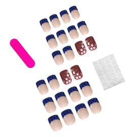 Independence Day Press on Nails Short Square Fake Nails Blue French Tip False Nails with Designs Glitter Nails 4th of July Acrylic Nails Red Glue on Nails Artificial Stick on Nails for Women 24Pcs