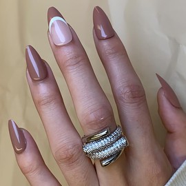 BABALAL Fall Press on Nails Medium Almond Fake Nails French Tip Glue on Nails Brown Acrylic Nails Stiletto Stick on Nails 24Pcs Manicure Artificial False Nails