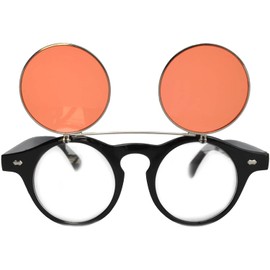 Steampunk Retro Gothic Vintage Colored Metal Round Circle Frame Sunglasses Colored Lens OWL (Flipup_C4_Black_Orange-Red, PC Lens)