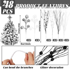 Tigeen 48 Pcs Christmas 17'' 12'' Artificial Glitter Berry Stems Ornaments Fake Christmas Candy Picks Decorative Glitter Sticks Branches for Xmas Tree Wreath DIY Crafts Vase Filler Home (White,Black)