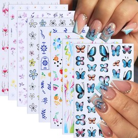 8Pcs Flower Nail Art Stickers Floral Daisy Nail Decals 3D Self-Adhesive Colorful Butterfly Nail Stickers Spring Summer Flower Nail Design Fruits Nail Supplies for Women Girls DIY Nail Art Decoration