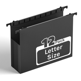 Ansook Plastic Hanging File Folders,Letter Size,Extra Capacity,Upgraded 2" Expanding Accordian Pocket,Heavy Duty for Filing Cabinet,Hard and Durable Hang Folders Organizer, Black File folders 12 Pack