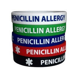 line 24 Penicillin Allergy Bracelets for Adults - 5 Pack Silicone Medical ID Wristbands - 7.8" Size - Alert Safety Bracelet for Men & Women - Waterproof Comfortable Design