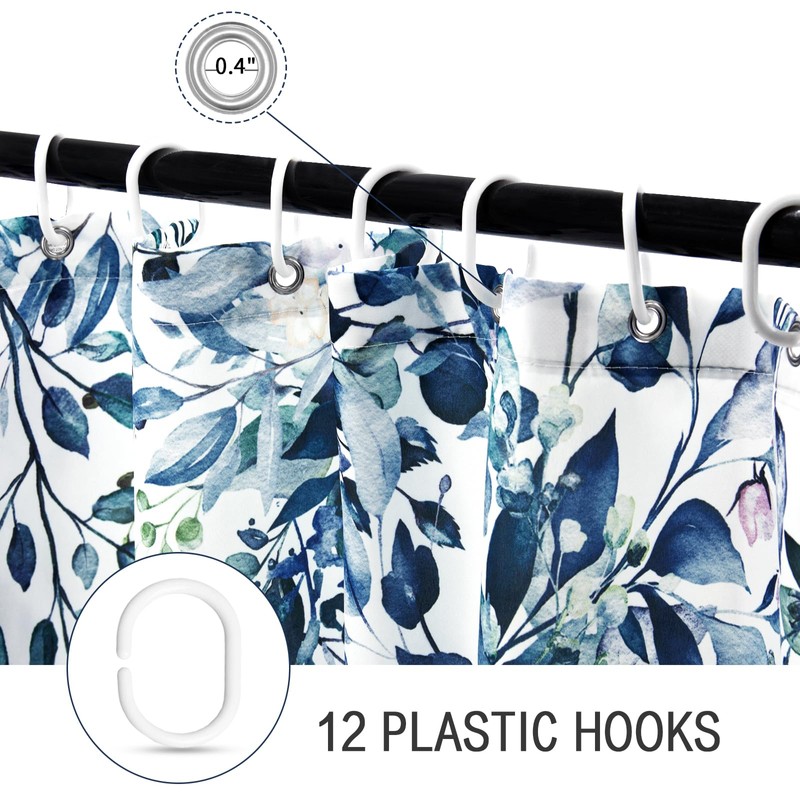 Gibelle Blue Eucalyptus Shower Curtain, Watercolor Plant Leaves with Floral