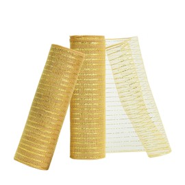 Deco Mesh 10 inch x 30 feet Each Roll, Christmas 2 Rolls Mesh Ribbons for Wreaths, Swags, Craft, Party, Christmas Tree and Decorating Supplies, 2 Rolls Metallic Golden with Golden Foil Fabric Mesh