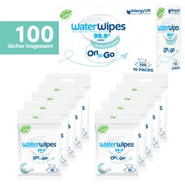 WaterWipes Travel Wipes, 100 Wipes (10 Packs), 99.9% Water-based Wet Wipes, Ideal for Travel, Face and Body
