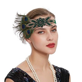 Art Deco 1920s Flapper Headband Feather Roaring 20s Great Gatsby Headpiece for Women Hair Accessories Green