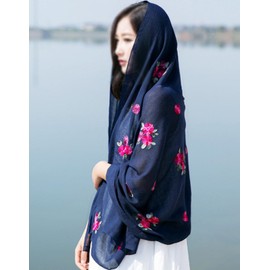 Women Floral Embroidery Spring Autumn Cotton Linen Long Scarf Summer Beach Shawl Wrap Dark Blue