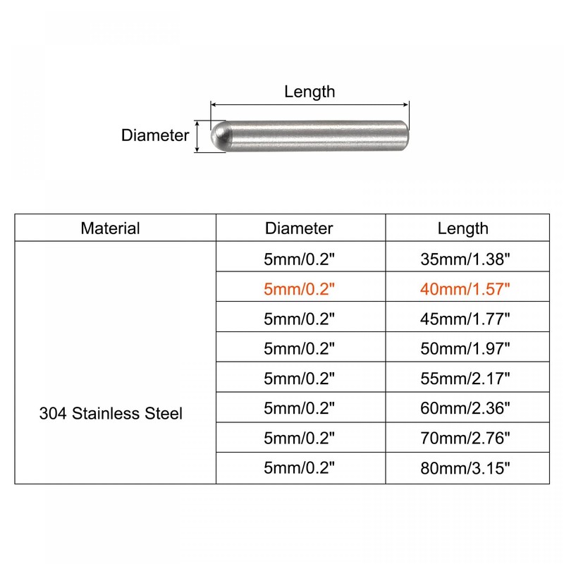 TOP-VIGOR 10Pcs 5mm x 40mm Dowel Pins, 304 Stainless Steel