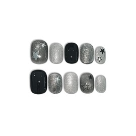 TENPAL Glitter Cat Eye Press On Nails 10 Pcs with Tools Kit - Handmade Black Grey Starry Sparkle Glue on Nails, Glossy Short Square Edgy Sweet False Nails,Reusable Fake Nails for Date Night Party(M)