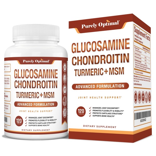 Purely Optimal Premium Glucosamine Chondroitin MSM Supplement Tablets w/Turmeric & Boswellia - Glucosamine Sulfate Joint Supplement for Men & Women