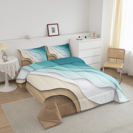 Abstract Ombre Comforter Set Ocean Waves Bedding Set Decor Blue Sea and Beach Quilt Set Tropical Summer Contemporary Duvet Insert Teens Kids Adults Room Decor 3pcs King Size