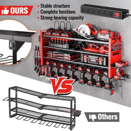 Heavy Duty Power Tool Organizer Wall Mount with Charging Station, Large Garage Organization with 10 cordless Drill Holder, 4 Layers Tool Organizers and Storage, Tool Rack with 6 Power Strip, Red