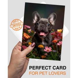 French Bulldog Puppy with Flowers All Occasions Greeting Card - Dog with Flowers from Unique Dogs Party Delights Collection - Large 5x7 Inch - Blank Inside with A7 Invitation Style White Envelope