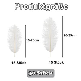 agogue Pack of 30 ostrich feathers, 15 pieces 15-20 cm and 15 pieces 20-25 cm feathers, white feathers for crafts, white, feathers, white feathers, wedding decoration, party, table decoration, home