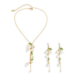 CASOLVX White Flower Necklace Earrings Set Pearl Leaf Pendant Necklace Floral Tassel Dangle Earrings Gold Y-shaped Choker Necklace for Women