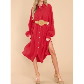 R.Vivimos Women's Long Sleeve Cotton Oversized Dress Casual Button Down Loose Slit Midi Dress with Pocket (Medium, Red)