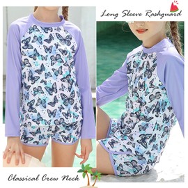 Girls Two Pieces Rash Guard Swimsuit 5t 6t Purple Butterflies Long Sleeve UPF 50+ Bathing Suit Quick Dry Breathable Swimming Sets for Kids Girl Size 6