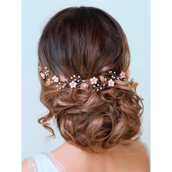 Aukmla Bride Wedding Hair Vines Flower Headbands Crystal Headpiece Bridal Jewelry for Women and Girls (Rose Gold)