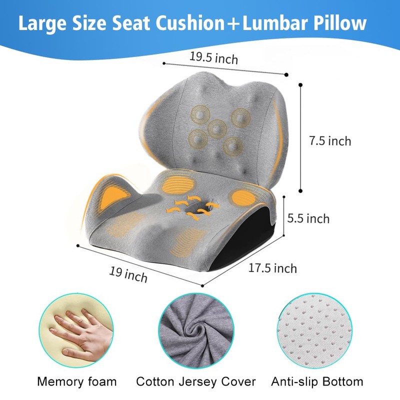 X Large Memory Foam Seat Cushion Lumbar Support Pillow for