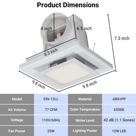 EINTTAX 9.8in Panel Bathroom Exhaust Fan with Light, 77 CFM 1.1 Sones Quiet Bathroom Fan with 12W 6500K LED Light Combo, 4 Inch Duct Ceiling Mount Exhaust Fan for Home/Bath/Office/Hotel, Square, White
