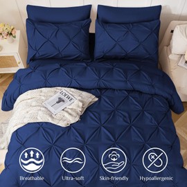 JOLLYVOGUE Full Size Comforter Sets 7 Pieces - Bed in a Bag Full for All Season, Pintuck Bedding Comforter Sets with Comforter, Flat Sheet, Fitted Sheet and Pillowcases & Shams, Navy