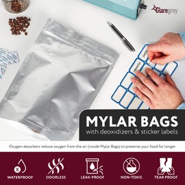 100 Pack Mylar Bags with Oxygen Absorbers - 11 MIL Thick 3 Sizes - 25x1 Gallon 35x1 Quart 40x1/2 Pint - Reusable Aluminum Foil Sealable Mylar Food Storage Bags & 112 Labels, Sealable Smell Proof