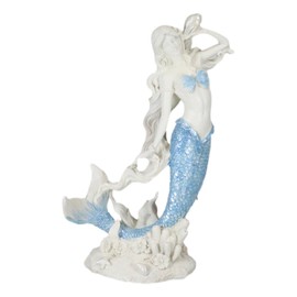 Ebros Gift Nautical Marine Aqua Blue Tailed Mermaid Listening to Sconce Figurine 12" H Ocean Aquamarine Goddess Lita with Coral Reef Decorative Statue Nautical Oceanic Sea Life Decor