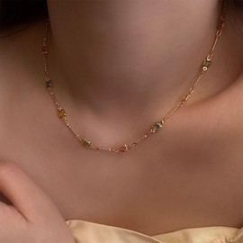 Cybche Vintage Colorful Crystal Square Necklace Rainbow Gemstone Bead Necklace Gold Crystal Square Pendent Necklaces Multicolor Cz Necklaces Sparkling Baguette Jewelry for Women