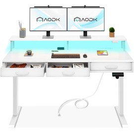 AODK Electric Standing Desk with Drawers, 47 Inch Height Adjustable Small Desk with Power Outlets & LED Lights, Sit Stand Table with Monitor Stand for Home, Office, Workstation, White