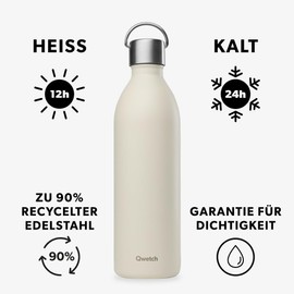 Qwetch - Active Sand Insulated Flask 1 Litre - Drinking Bottle with Recycled Stainless Steel Handle - Cold for 24 Hours and Hot for 12 Hours - Waterproof, BPA Free & Compact