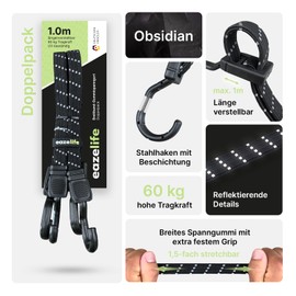 Set of 2 Rubber Tension Straps, Adjustable, Broadband Expander with Metal Hooks, Strong Resilient for Car, Bicycle and Outdoor Activities (10 Colours, 3 Lengths) (Obsidian, 100 cm)