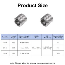 50Pcs Thread Repair Insert, Stainless Steel Coiled Wire Helicoil Thread Repair Insert, 3/8-16 * 1D 1.5D 2D 2.5D 3D