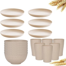 6 Set Wheat Straw Dinnerware Sets,Dishwasher And Microwave Safe Plates and Bowls Sets including knife, fork and spoon.