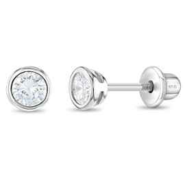 In Season Jewelry Sterling Silver 4mm Bezel Cubic Zirconia Toddler Girls Safety Screw Back Earrings - Lightweight and Hypoallergenic Safe for Babies Girls (Clear CZ)