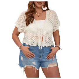 Floerns Women's Plus Size Crochet Hollow Out Tie Front Scallop Trim Crop Cardigan Sweater Beige 4XL