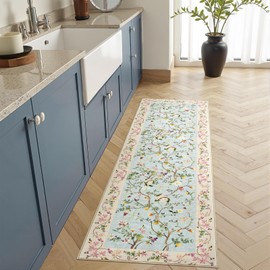 jinchan Hallway Runner 2x6, Multi Floral Soft Machine Washable Rug Non Slip, Low Pile Boho Stain Resistant Botanical Rugs for Bedroom Kitchen Floor Living Room, Blue/Pink