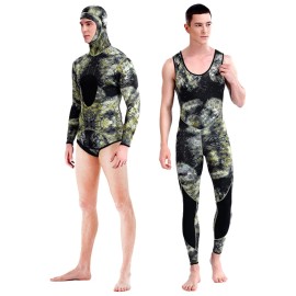 DEMMET Camouflage 5mm Neoprene Hooded Long Sleeve Two-Piece Wetsuit High Stretch Harpoon Fishing & Diving Suitcolor: Green, Size: XL