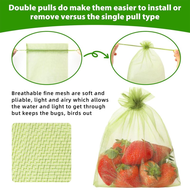 Fruit Protection Bags, Green Mesh Netting Bag, Drawstring Reusable 6X8Inch