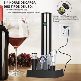 Sacacorchos Electrico de Vino Recargable, OPUEW Destapacorchos Electrico con 3 Accesorios Extra, Destapador de Vino Profesional Ideal para Regalo, Fiesta, Hogar, Cocina, Bar