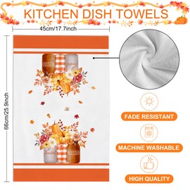 Mocsicka Fall Pumpkin Kitchen Towels Dish Towels, 18x26 Inch Orange Autumn Leaves Dishcloth Thanksgiving Decoration Home Kitchen Decor Home Sweet Home Hand Towels Set of 4 (Pumpkin)