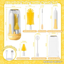Marlo & Buzz Electric Baby Bottle Brush Cleaner Set, Rechargeable Waterproof Silicone Brushes with Large Bottle Brush, Nipple Brush, Straw Brush, Milk Stirrer, Drying Rack (Yellow)