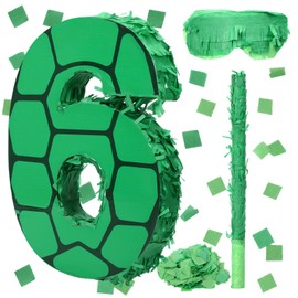 Gemscream Gemscream Number 6 Cartoon Turtle Theme Pi?ata Set 13.7 x 9.8 x 1.9 Inch Green Turtle Pi?ata with Blindfold Stick and Confetti for Kids Boys Girls Animal Birthday Decoration Supplies Game Props