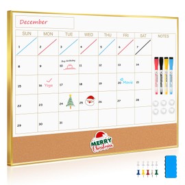QUEENLINK Magnetic Dry Erase Calendar Board for Wall - 24'' x 18'' Monthly Calendar Whiteboard with Cork Board - Gold Aluminum Frame