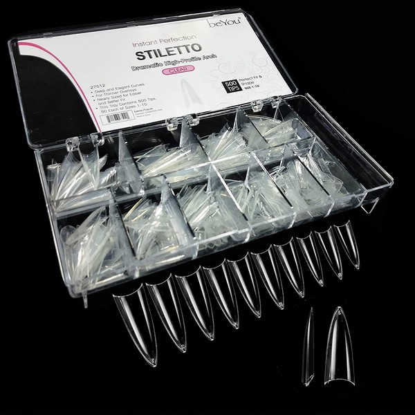 BeYou Clear Stiletto 500 Acrylic False Fake Nail Tips With Clear Plastic Case 27512 For Nail Salon Nail Shop (Clear Stiletto)