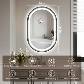 AXOTEXE 24 x 16 Inch Black Oval LED Mirror,Black Frame Oval LED Mirror for Bathroom,Anti-Fog 3 Color Stepless Dimmable LED Bathroom Mirror with Lights (Horizontal/Vertical)