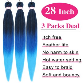 Col bling Braiding Hair Pre Stretched 28 Inch 3 Packs Ombre Blue Long Braid Hair Extensions for Women Box Braids Hair Pre-Stretched Yaki Texture Professional Synthetic Knotless 28 Inch