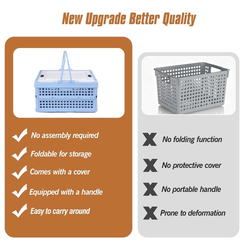 Collapsible Storage Crate, Foldable Plastic Basket with Lid and Handle,