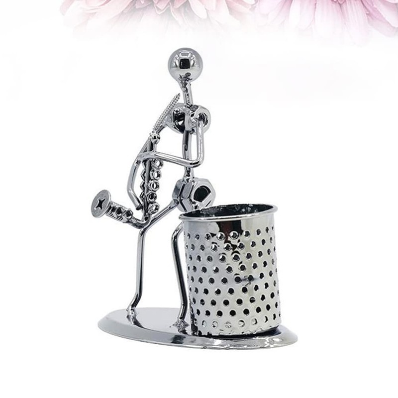 Metal Art Pen Pencil Holder Iron Saxophone Man Music Figure